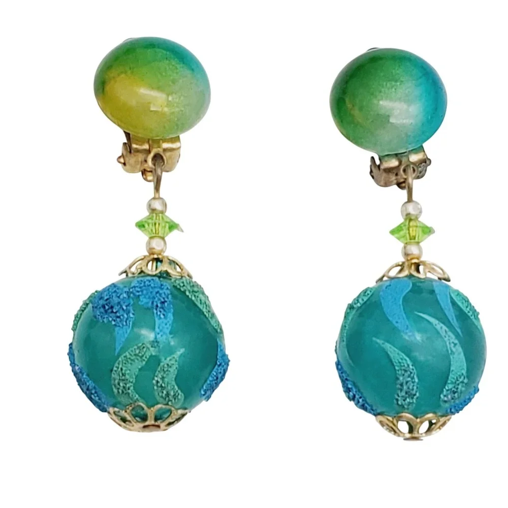 Hong Kong Necklace Clip Earrings Blue Green Flocked Beaded Acrylic Lucite Summer